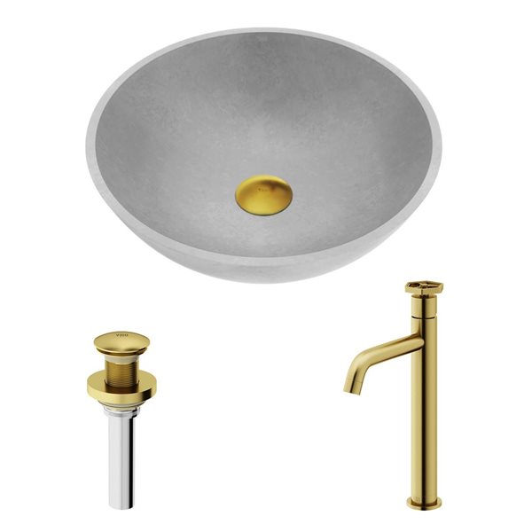 Lavabo-vasque gris Ruxton VIGO 16 l. x 16 po p. rond en pierre Concreto avec robinet/bonde escamotable Ruxton en or mat