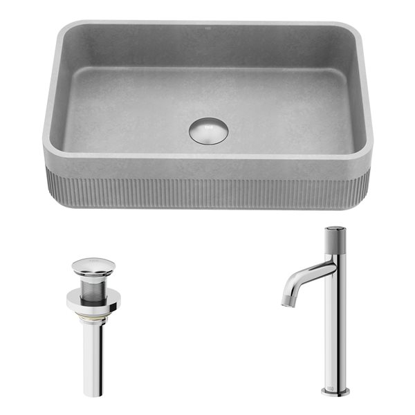 VIGO Cypress&nbsp;14-in W x&nbsp;21-in L Concreto Stone Grey Rectangle Bathroom Vessel with Apollo Faucet/Drain - Chrome