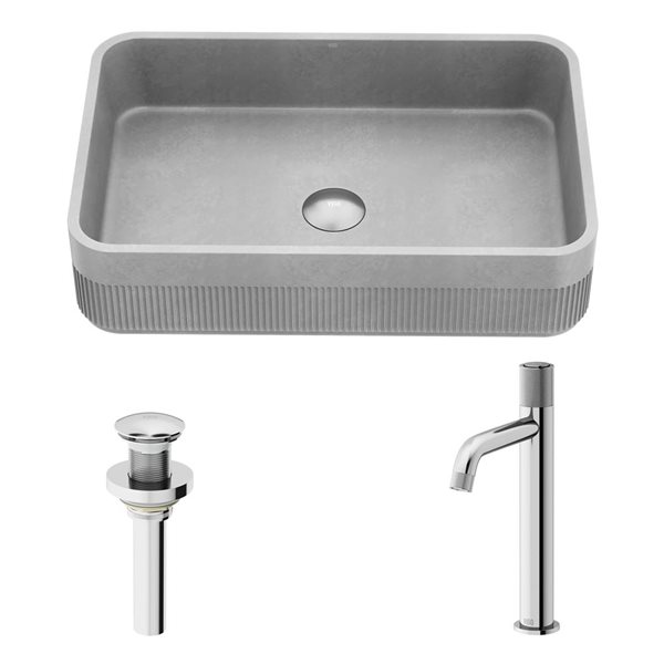 Lavabo-vasque gris Cypress VIGO 14 l. x 21 po p. en pierre Concreto rectangle avec robinet/bonde Apollo en chrome