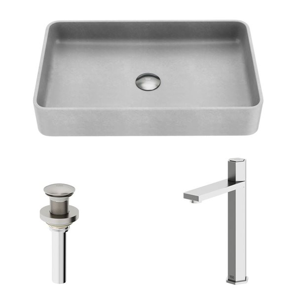 Lavabo-vasque gris Nova VIGO 14 l. x 23 po p. en pierre Concreto rectangle avec robinet/bonde Nova en nickel brossé