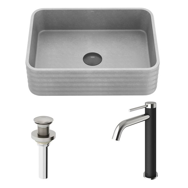 Lavabo-vasque gris Cadman VIGO 13 l. x 18 po p. en pierre Concreto rectangle à robinet/bonde Lexington en nickel brossé