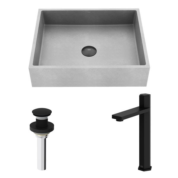 VIGO Coca&nbsp;15-in W x&nbsp;19-in L Concreto Stone Rectangle Grey Vessel Bathroom Sink w/ Nova Faucet/Drain - Matte Black