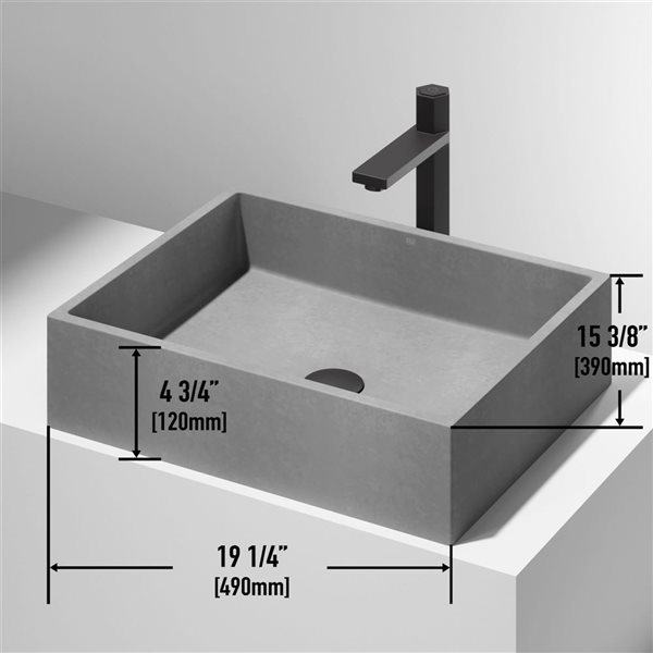 Lavabo-vasque gris Coca VIGO 15 l. x 19 po p. en pierre Concreto rectangle avec robinet/bonde Nova en noir mat