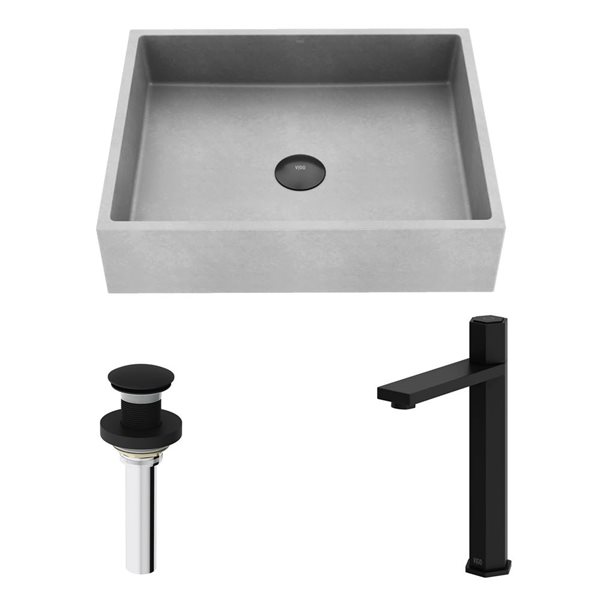 VIGO Coca 15 W x 19-in D Grey Concreto Stone Rectangle Vessel Bathroom Sink w/ Nova Matte Black Faucet and Drain