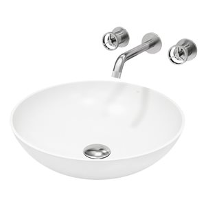 Lavabo-vasque blanc Lotus VIGO 16 l. x 16 po p. rond en MatteStone avec robinet/bonde Cass en nickel brossé