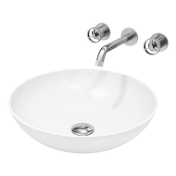 VIGO Lotus 16 W x 16-in D White MatteStone Round Vessel Bathroom Sink w/ Cass Brushed Nickel Faucet and Drain