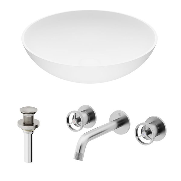 Lavabo-vasque blanc Lotus VIGO 16 l. x 16 po p. rond en MatteStone avec robinet/bonde Cass en nickel brossé