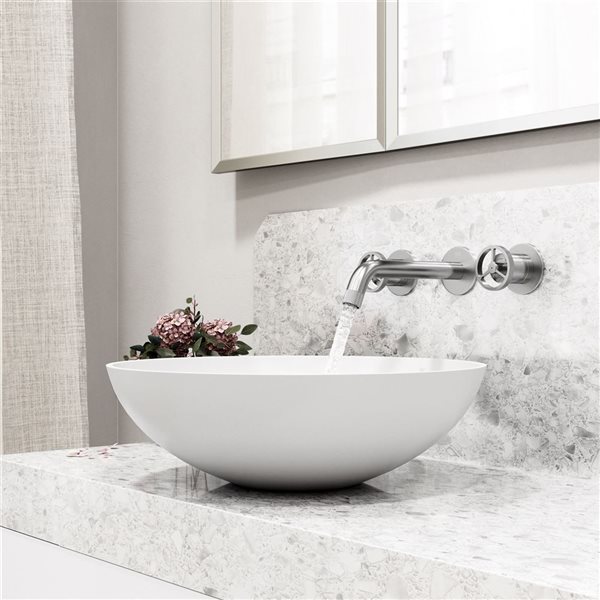 VIGO Lotus 16 W x 16-in D White MatteStone Round Vessel Bathroom Sink w/ Cass Brushed Nickel Faucet and Drain