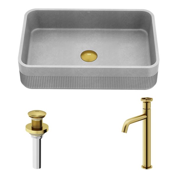 VIGO Cypress 14 W x 21-in D Grey Concreto Stone Rectangle Vessel Bathroom Sink w/ Ruxton Matte Brushed Gold Faucet/Drain