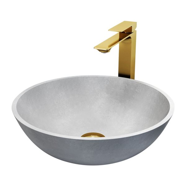 VIGO Dunn 16 W x 16-in D Grey Concreto Stone Round Vessel Bathroom Sink w/ Dunn Matte Gold Faucet and Drain