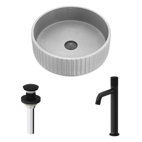 VIGO Windsor 16 W x 16-in D Grey Concreto Stone Round Vessel Bathroom Sink w/ Apollo Matte Black Faucet and Drain