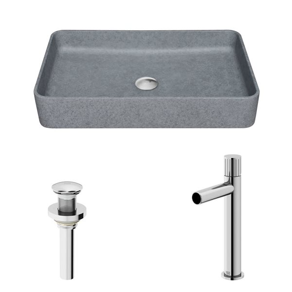 Lavabo-vasque gris Ashford VIGO 14 l. x 19 po p. en pierre Concreto rectangle avec robinet/bonde Ashford en chrome