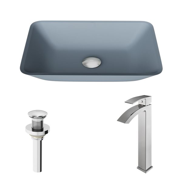 Lavabo-vasque bleu Sottile VIGO 13 l. x 18 po p. en verre rectangle avec robinet/bonde escamotable Duris en chrome