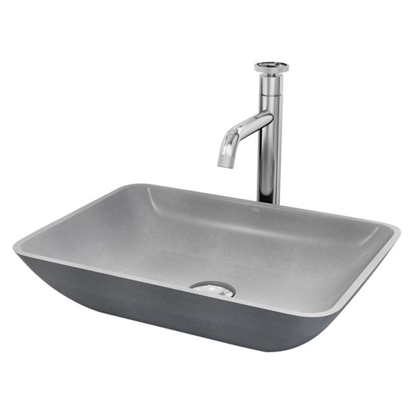 VIGO Dunn 13 W x 18-in D Grey Concreto Stone Rectangle Vessel Bathroom Sink w/ Cass Chrome Faucet and Drain