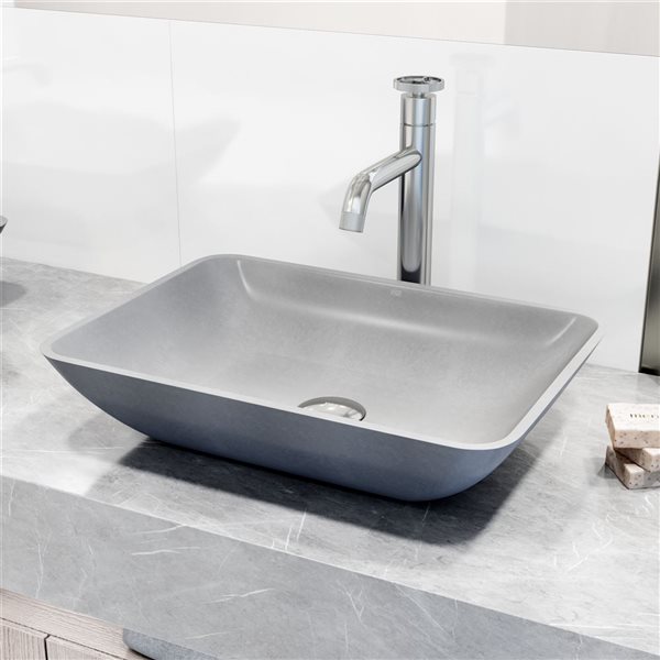 VIGO Dunn 13 W x 18-in D Grey Concreto Stone Rectangle Vessel Bathroom Sink w/ Cass Chrome Faucet and Drain