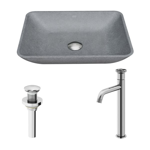 VIGO Dunn 13 W x 18-in D Grey Concreto Stone Rectangle Vessel Bathroom Sink w/ Cass Chrome Faucet and Drain