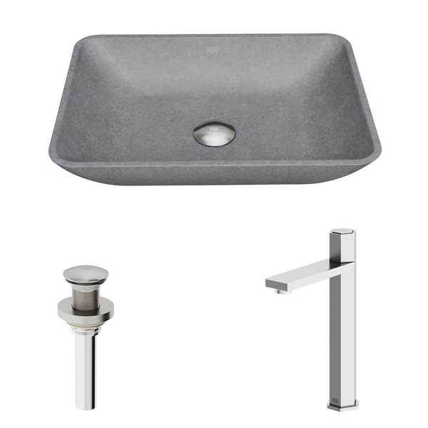 Lavabo-vasque gris Nova VIGO 13 l. x 18 po p. en pierre Concreto rectangle avec robinet/bonde Nova en nickel brossé