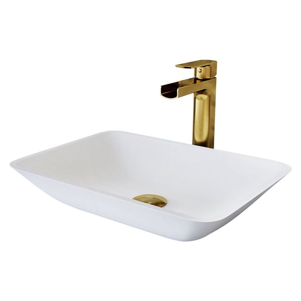 VIGO Glass 13 W x 18-in D White Rectangle Vessel Bathroom Sink w/ Amada Matte Gold Faucet and Pop-Up Drain