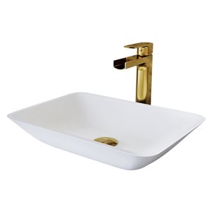 VIGO Glass 13 W x 18-in D White Rectangle Vessel Bathroom Sink w/ Amada Matte Gold Faucet and Pop-Up Drain