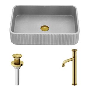 Lavabo-vasque gris Windsor VIGO 13 l. x 21 po p. en pierre Concreto rectangle avec robinet/bonde Cass en or brossé mat