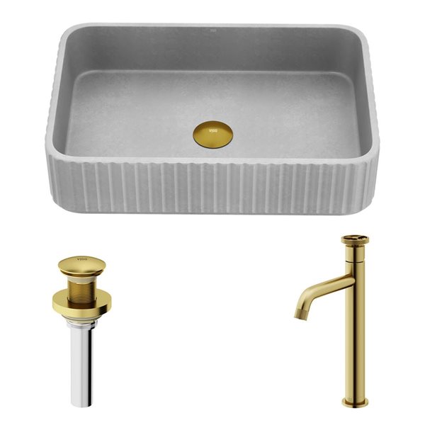 VIGO Windsor 13 W x 21-in D Grey Concreto Stone Rectangle Vessel Bathroom Sink w/ Cass Matte Brushed Gold Faucet/Drain