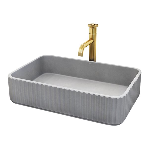 Lavabo-vasque gris Windsor VIGO 13 l. x 21 po p. en pierre Concreto rectangle avec robinet/bonde Cass en or brossé mat