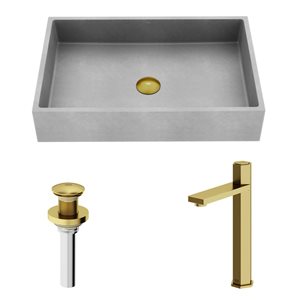 Lavabo-vasque gris Orvieto VIGO 15 l. x 24 po p. en pierre Concreto rectangle avec robinet/bonde Nova en or brossé mat