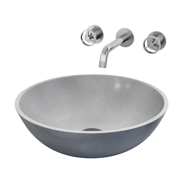 Lavabo-vasque gris Cass VIGO 16 l. x 16 po p. rond en pierre Concreto avec robinet/bonde Cass en nickel brossé