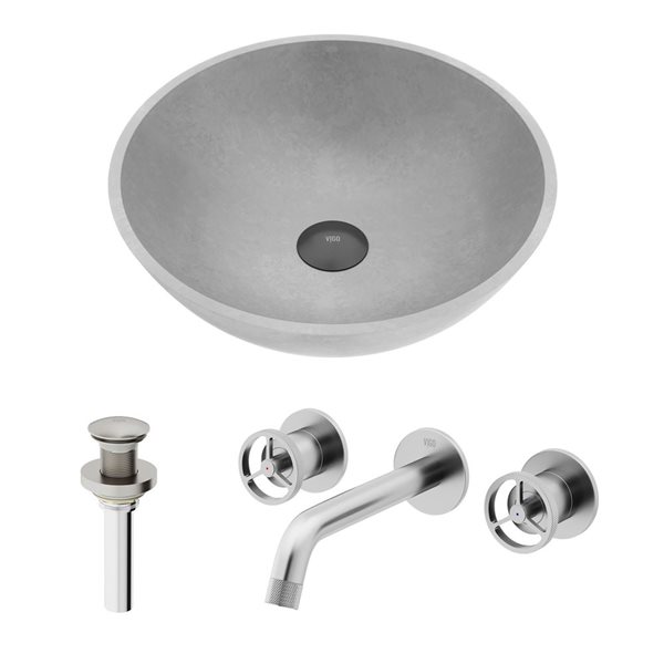 Lavabo-vasque gris Cass VIGO 16 l. x 16 po p. rond en pierre Concreto avec robinet/bonde Cass en nickel brossé