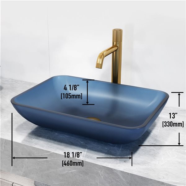 Lavabo-vasque bleu Sottile VIGO 13 l. x 18 po p. en verre rectangle avec robinet/bonde escamotable Apollo en or mat