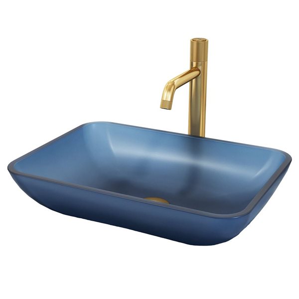 VIGO Sottile 13 W x 18-in D Glass Blue Rectangle Vessel Bathroom Sink w/ Apollo Matte Gold Faucet and Pop-Up Drain