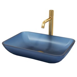 VIGO Sottile 13 W x 18-in D Glass Blue Rectangle Vessel Bathroom Sink w/ Apollo Matte Gold Faucet and Pop-Up Drain