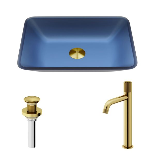 Lavabo-vasque bleu Sottile VIGO 13 l. x 18 po p. en verre rectangle avec robinet/bonde escamotable Apollo en or mat