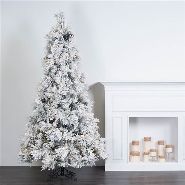 Vickerman 10-ft x 63-in Flocked Atka Pine Slim Artificial Christmas Tree w/ 1700 Warm White LED lights and 1565 Tips