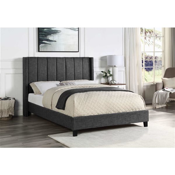 HomeTrend Clara Dark Grey Queen Upholstered Platform Bed w/ Headboard