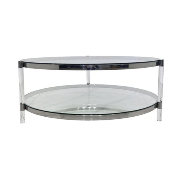 Table basse ronde Kater TAKE ME HOME 17 h. x 43 po l. dessus en verre et cadre argent