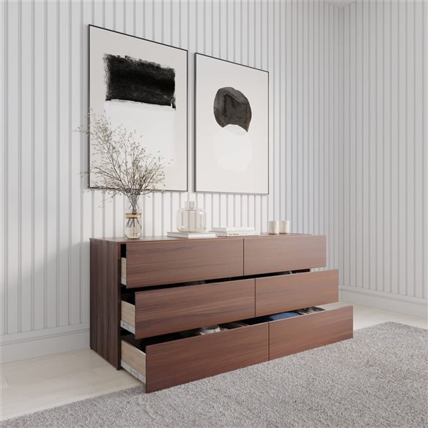 Nexera James 59 W x 18 D x 26.8-in H Walnut MDF/Particleboard Contemporary 6-Drawer Dresser