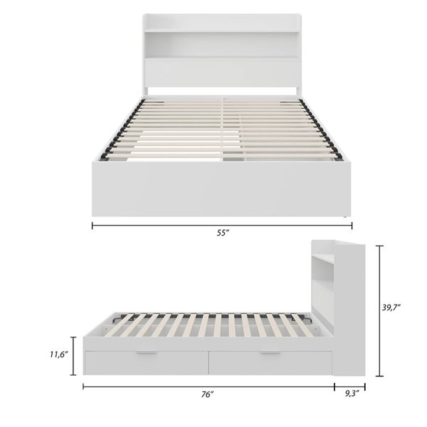 Nexera Hunter White Full-Size Platform Bed with Bookcase Headboard and Drawers