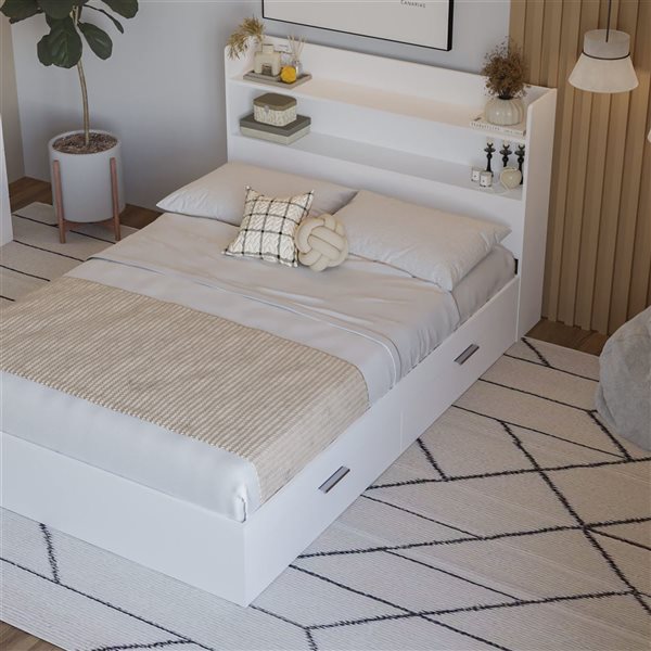 Nexera Hunter White Full-Size Platform Bed with Bookcase Headboard and Drawers