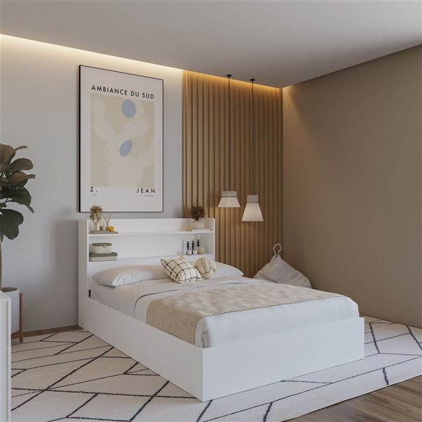 Nexera Hunter White Full-Size Platform Bed with Bookcase Headboard and Drawers