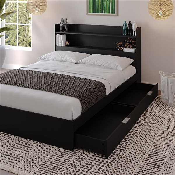 Nexera Hunter Black Full-Size Platform Bed with Bookcase Headboard and Drawers