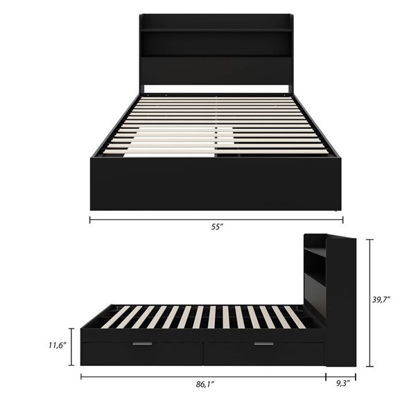 Nexera Hunter Black Full-Size Platform Bed with Bookcase Headboard and Drawers