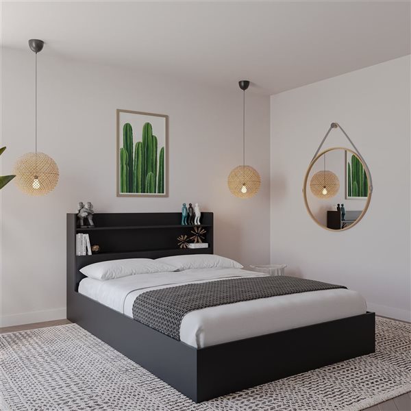 Nexera Hunter Black Full-Size Platform Bed with Bookcase Headboard and Drawers