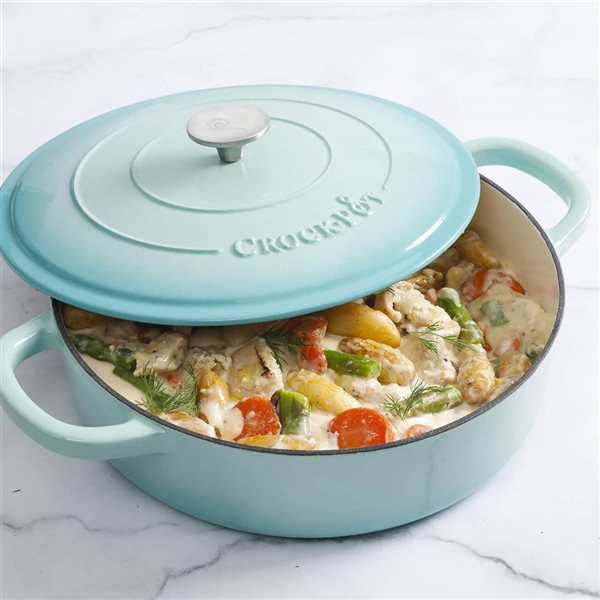 Crock-Pot Artisan 5.7-L Enamelled Cast-Iron Round Aqua Blue Braiser Pan w/ Lid