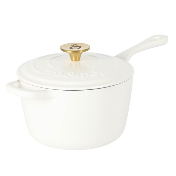 Crock-Pot Artisan 3.5-L Enamelled Cast-Iron White Saucepan w/Lid and Gold Knob