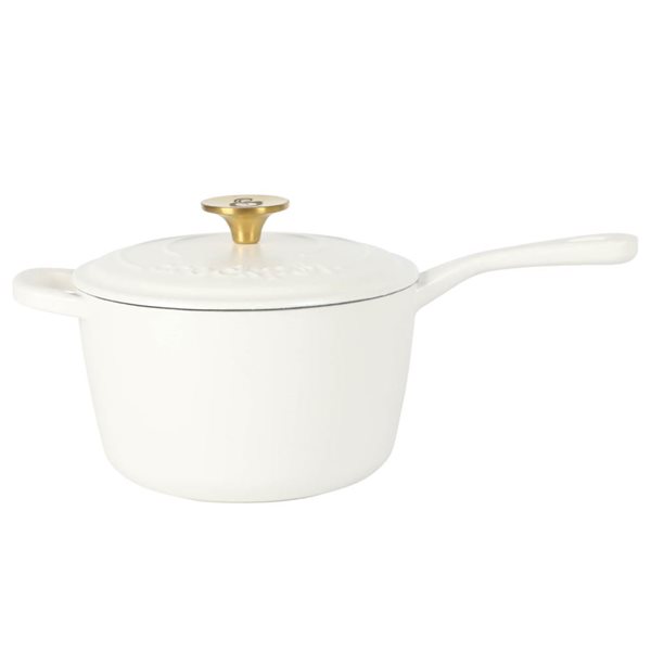 Crock-Pot Artisan 3.5-L Enamelled Cast-Iron White Saucepan w/Lid and Gold Knob