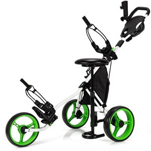 Costway Green Folding 3 Wheels Golf Push Cart W/Seat, Scoreboard and Adjustable Handle