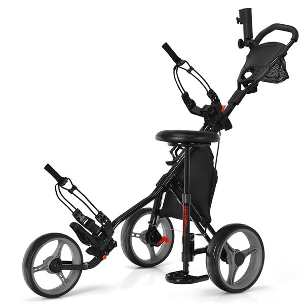 Costway Grey Folding 3 Wheels Golf Push Cart W/Seat, Scoreboard and Adjustable Handle