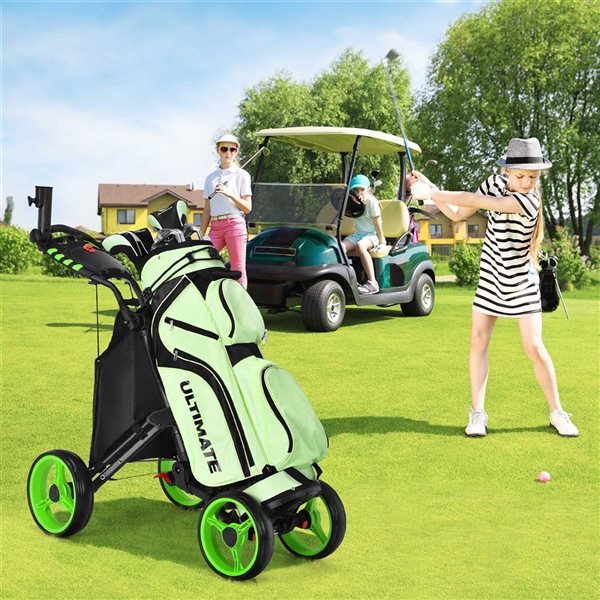 Costway Green Folding 4 Wheels Golf Push Cart W/Bag, Scoreboard and Adjustable Handle