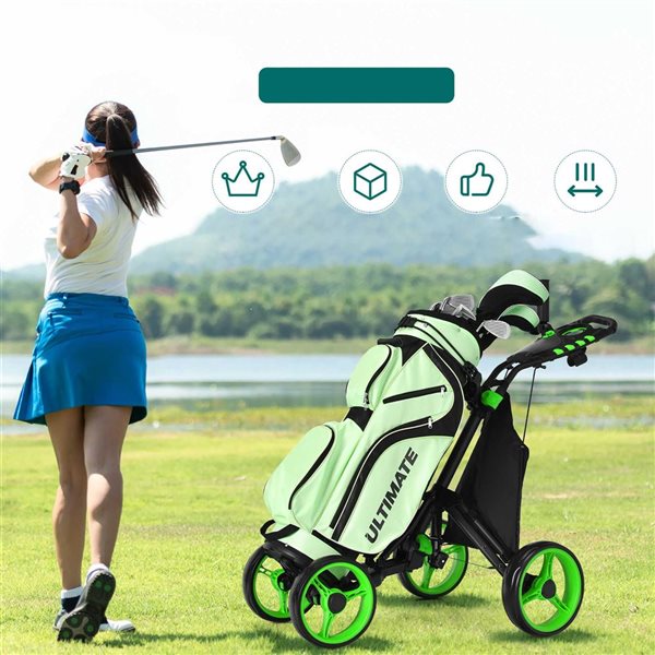 Costway Green Folding 4 Wheels Golf Push Cart W/Bag, Scoreboard and Adjustable Handle